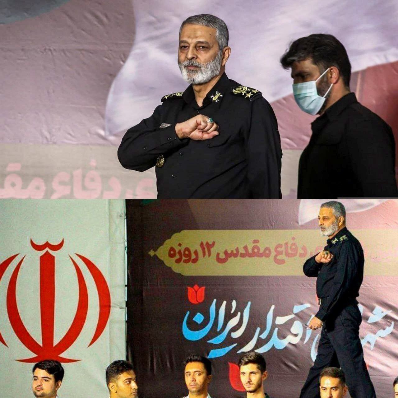 تصویری خاص از ادای احترام سرلشکر موسوی به حاضران در مراسم چهلم شهدای حمله اسرائیل/ مشت بر روی قلب