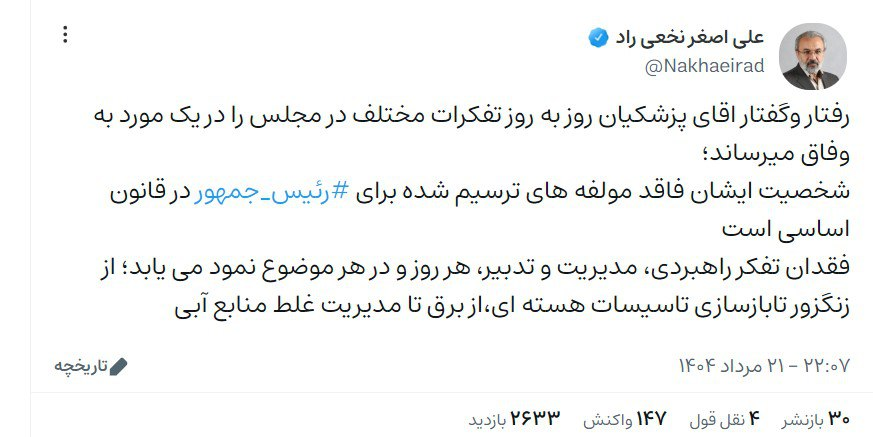 حمله تند نماینده نزدیک به جلیلی به پزشکیان؛ شخصیت او فاقد مولفه های ترسیم شده برای رئیس جمهور شدن است!