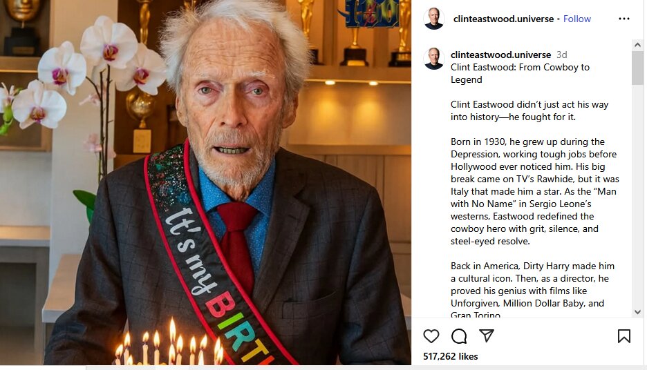 جدیدترین عکس کلینت ایستوود در ۹۵ سالگی