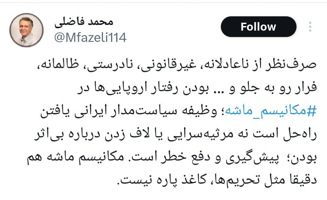 محمد فاضلی: مکانیسم ماشه مثل تحریمها کاغذ پاره نیست/وظیفه سیاستمدار ایرانی یافتن راهحل است نه مرثیهسرایی یا لاف زدن!