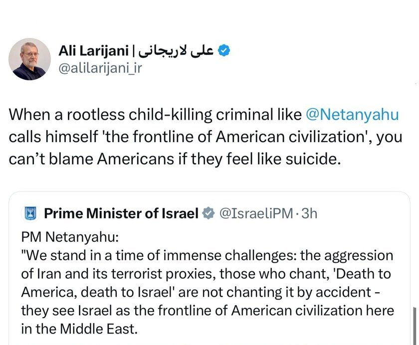 جدال توییتری لاریجانی با نتانیاهو/ او یک جنایتکارِ بی‌هویتِ کودک‌کش است