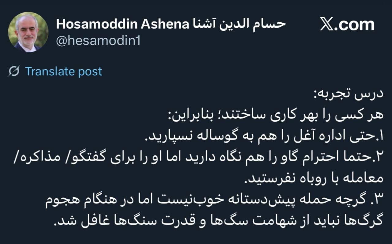 توئیت عجیب حسام الدین آشنا؛ احترام گاو را نگه دارید اما او را برای مذاکره با روباه نفرستید/ حتی اداره آغل را هم به گوساله نسپارید