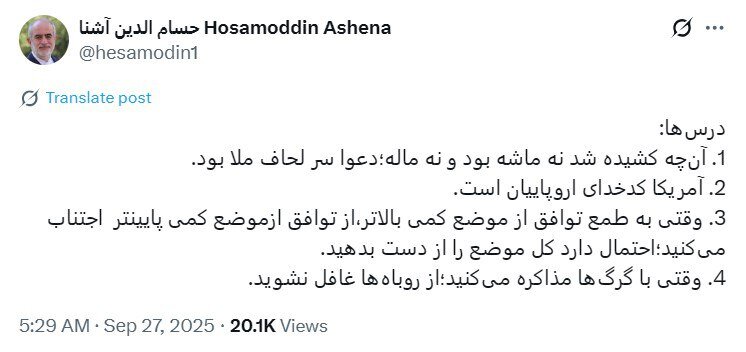 درسهای مکانیسم ماشه از نگاه حسام الدین آشنا/ آمریکا کدخدای اروپاییان است/ وقتی با گرگها مذاکره میکنید؛ از روباهها غافل نشوید