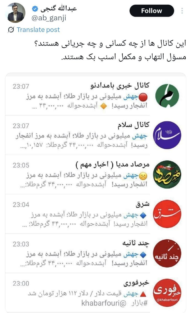 انتقاد عبدالله گنجی از پیشبینی اقتصادی برخی رسانه ها درباره مکانیسم ماشه؛ مسئول التهاب هستند! + عکس