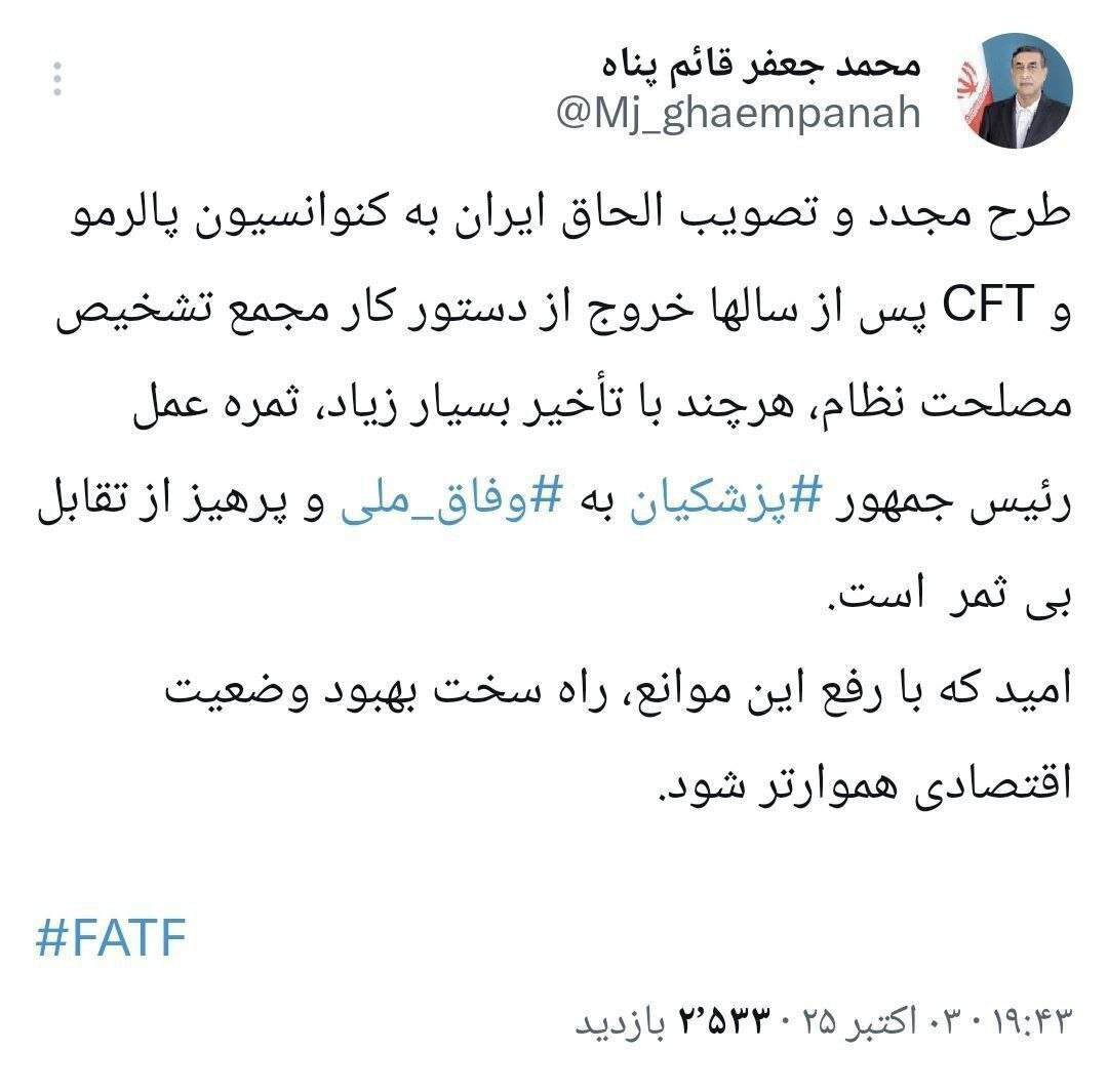 قائم‌پناه: الحاق ایران به پالرمو و CFT نتیجه عملکرد پزشکیان است