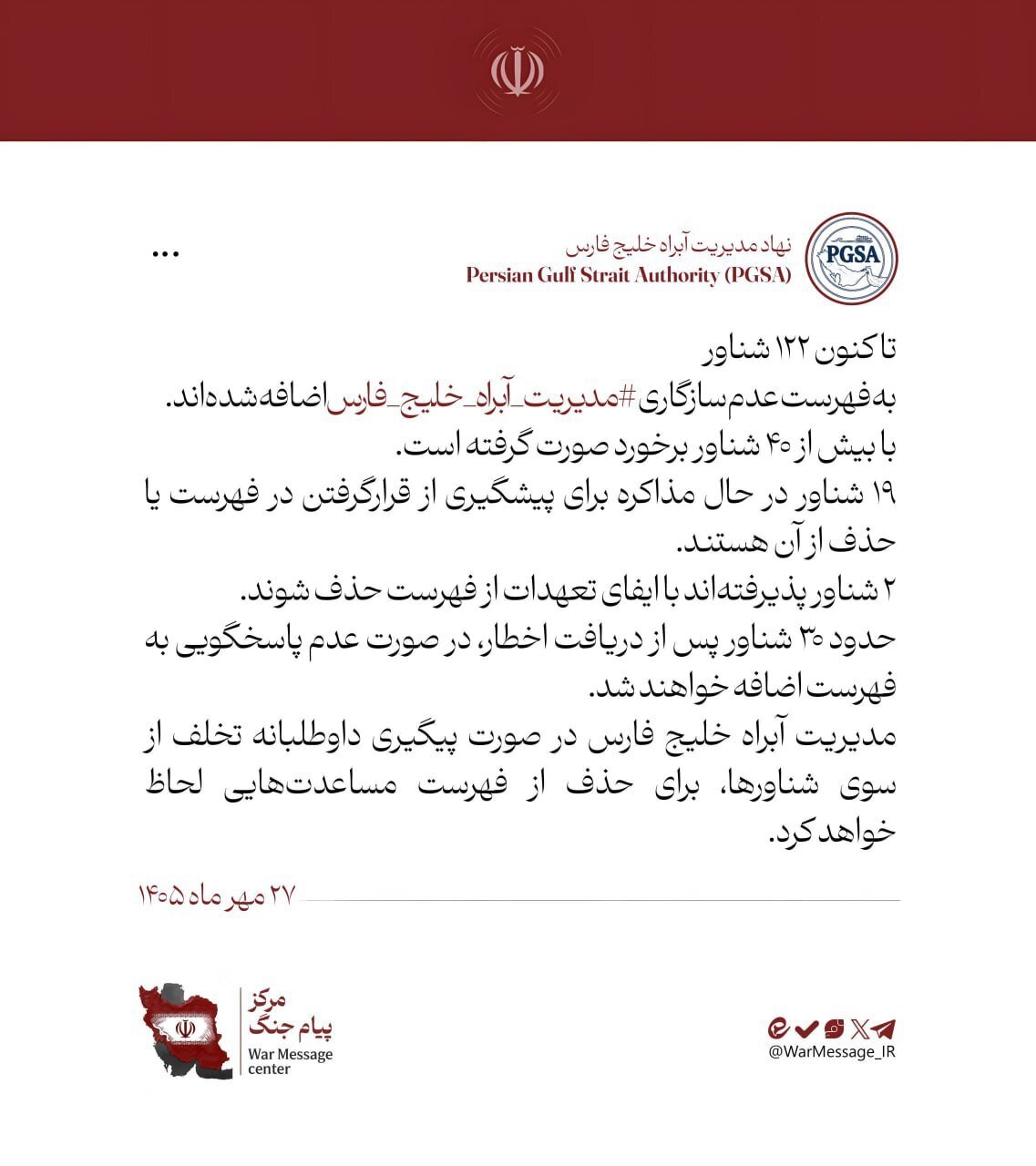 مدیریت آبراه خلیج فارس: ۱۲۲ شناور به فهرست عدمسازگاری اضافه شدهاند/ با بیش از ۴۰ شناور متخلف برخورد شد